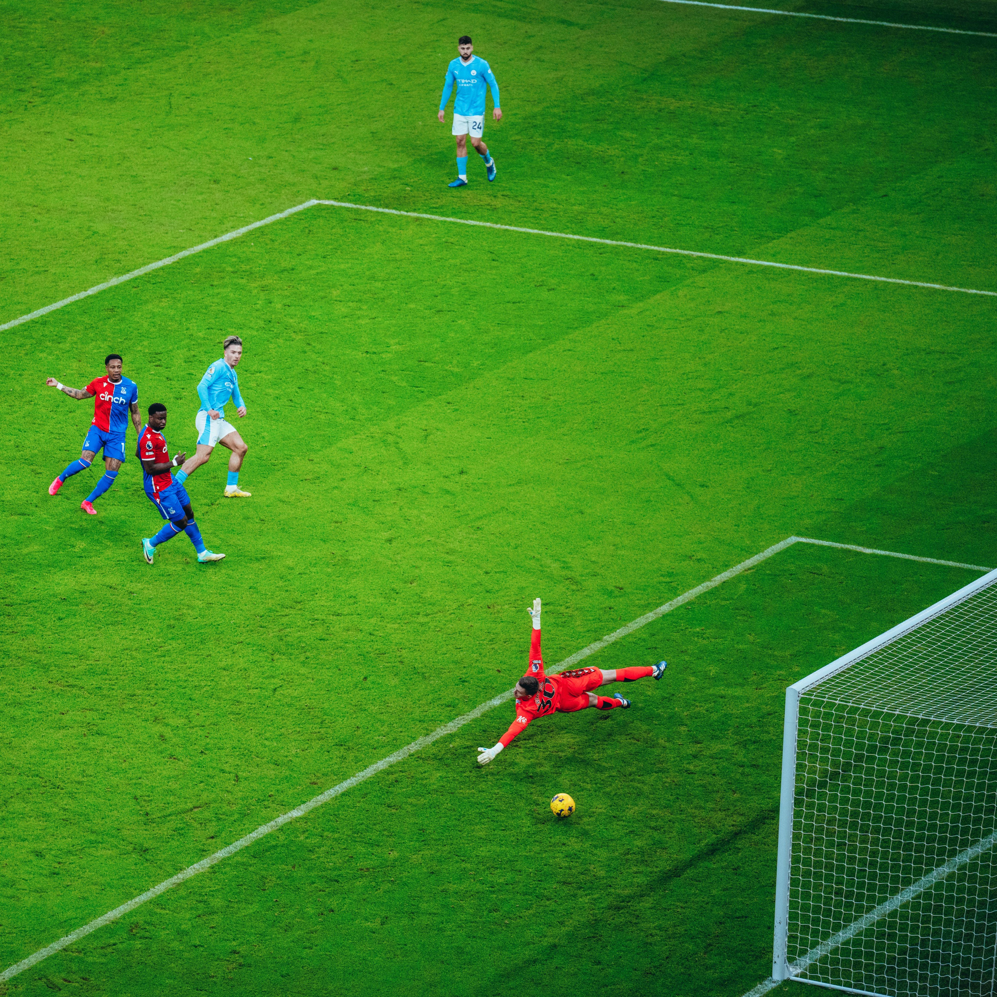 Angle from the stand of Jack Grealish scoring against Crystal Palace at the Etihad Stadium.