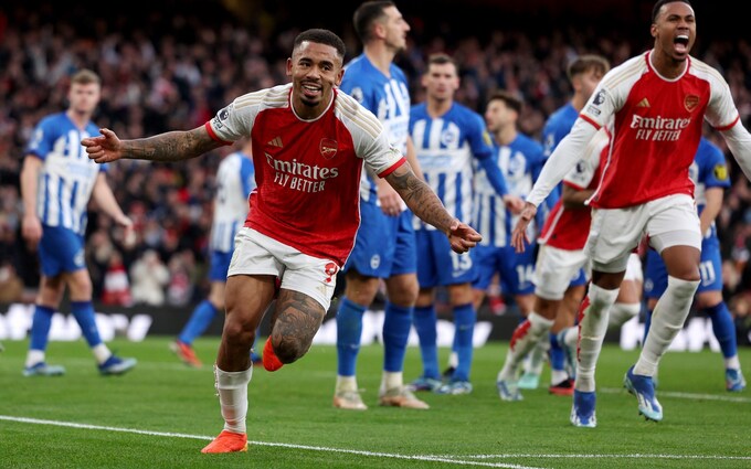 Gabriel Jesus celebrates his goal/Arsenal vs Brighton live: Score and updates from the Premier League