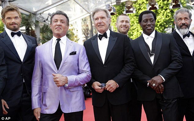 Standing tall: Kellan Lutz, Sylvester Stallone, Harrison Ford, Wesley Snipes and Mel Gibson promote their movie at the premiere of The Homesman