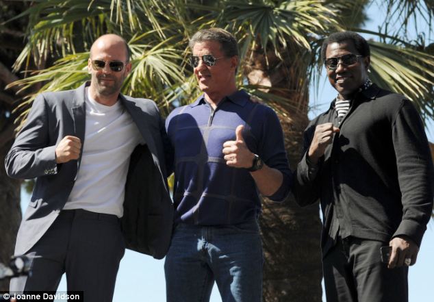 Three's a crowd: Stallone and Statham were joined by 51-year-old Wesley Snipes (pictured right) who joined the cast after serving a three-year prison sentence for tax evasion