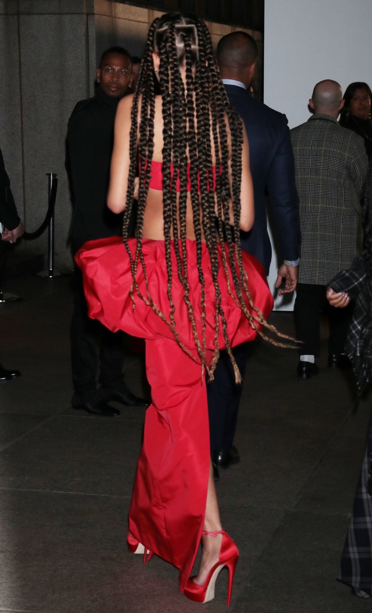 Zendaya rocked matching red heels and long jumbo box braids