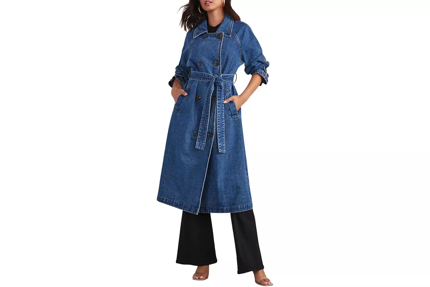 Amazon chouyatou Vintage Midi Long Jean Jacket