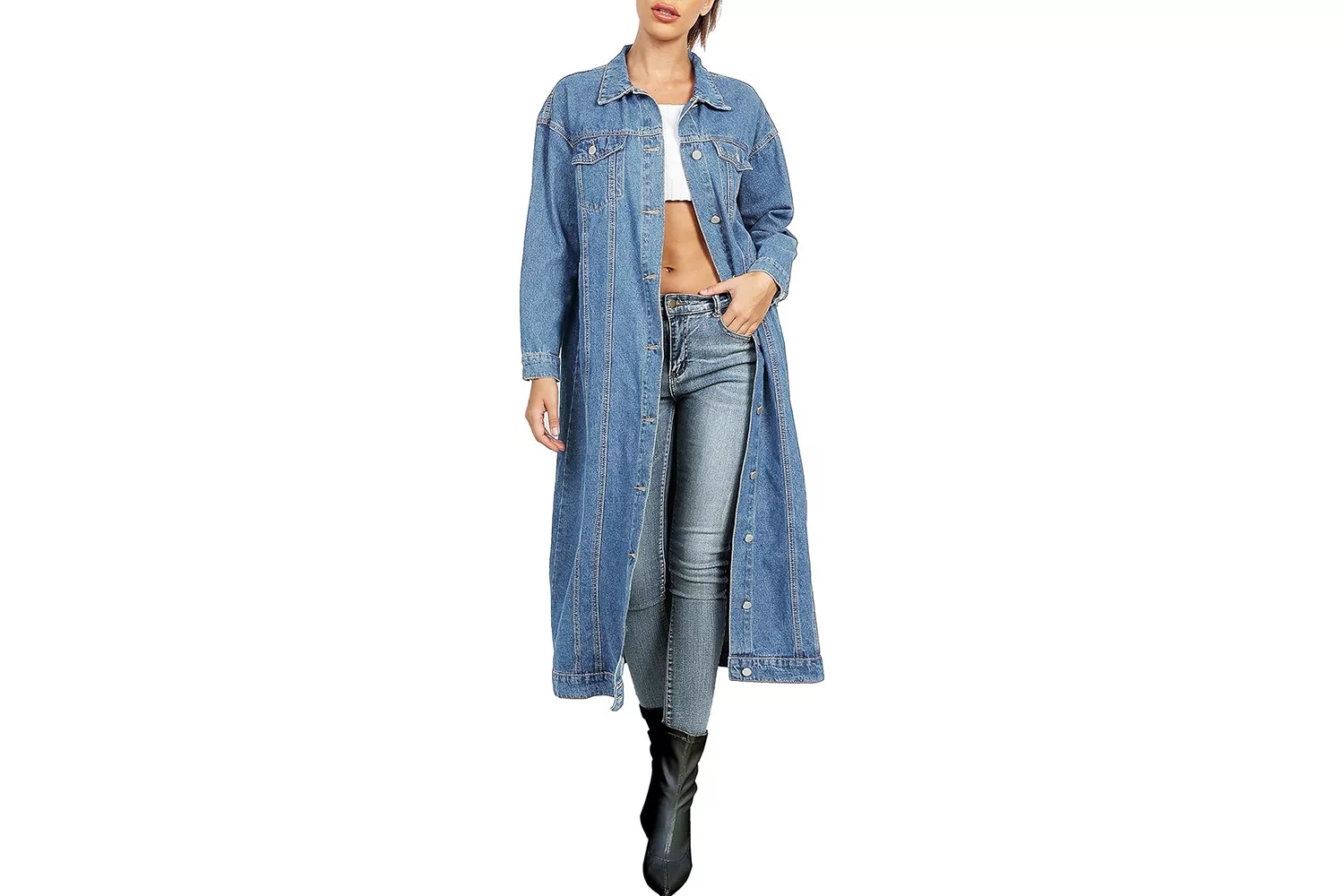 Amazon Jofemuho Classic Long Jean Jacket