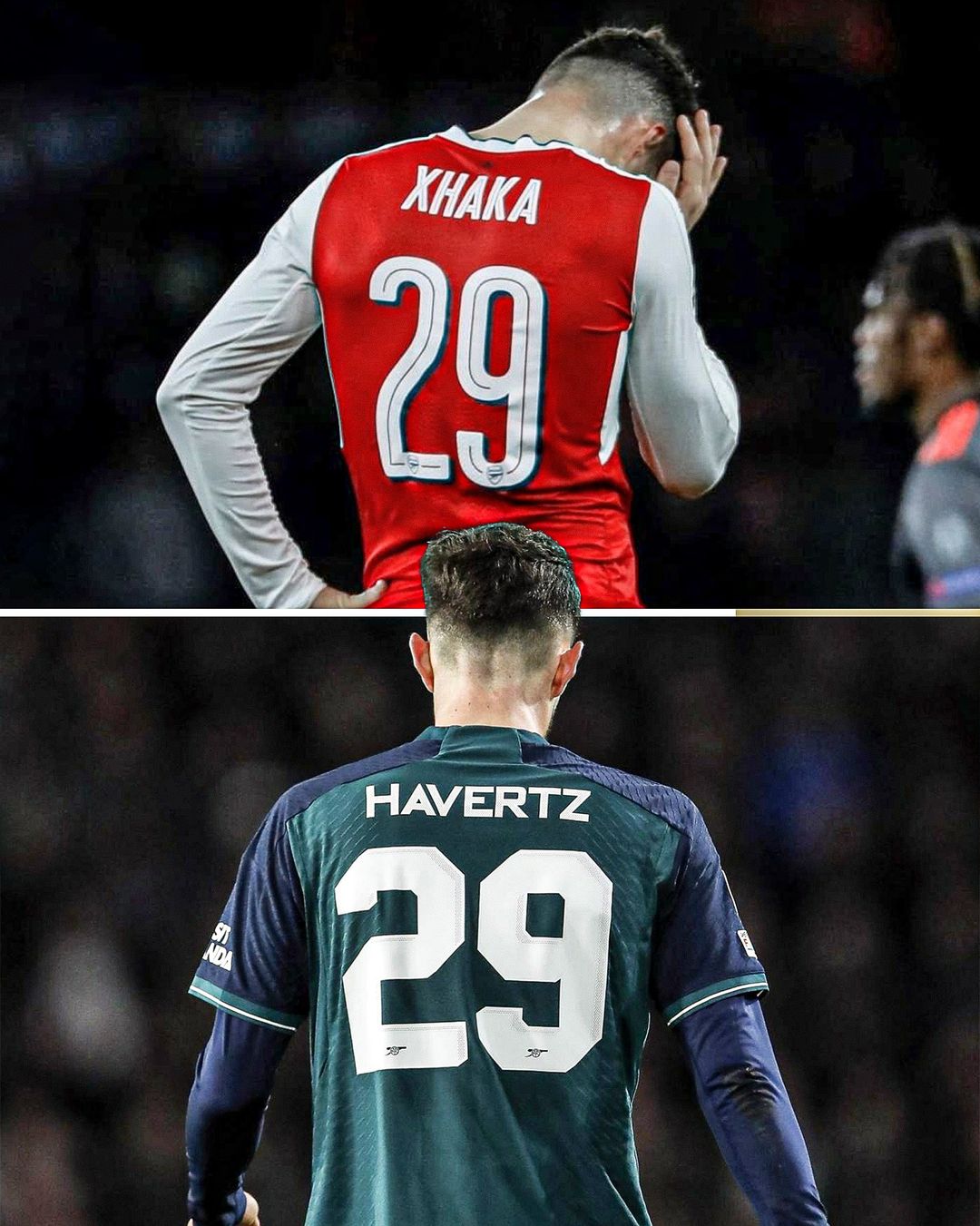 May be an image of 3 people, people playing American football, people playing football and text that says "XHAKA 29 HAVERTZ 29"