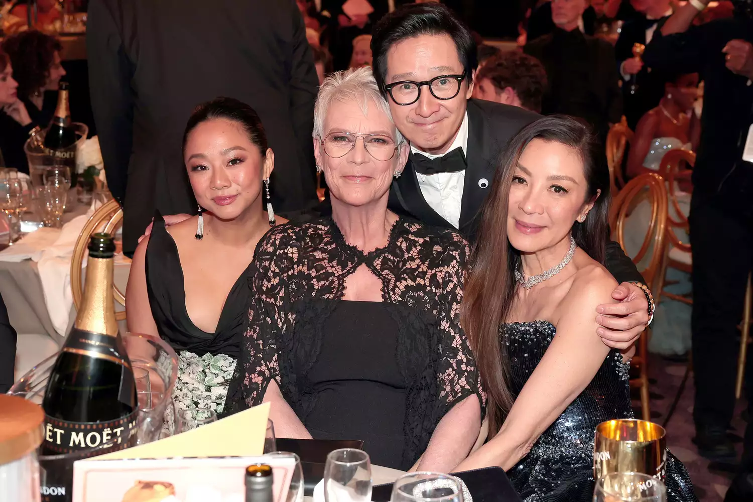 80th Annual GOLDEN GLOBE AWARDS -- Pictured: (l-r) Stephanie Hsu, Jamie Lee Curtis, Ke Huy Quan, and Michelle Yeoh attend the 80th Annual Golden Globe Awards held at the Beverly Hilton Hotel on January 10, 2023 in Beverly Hills, California.