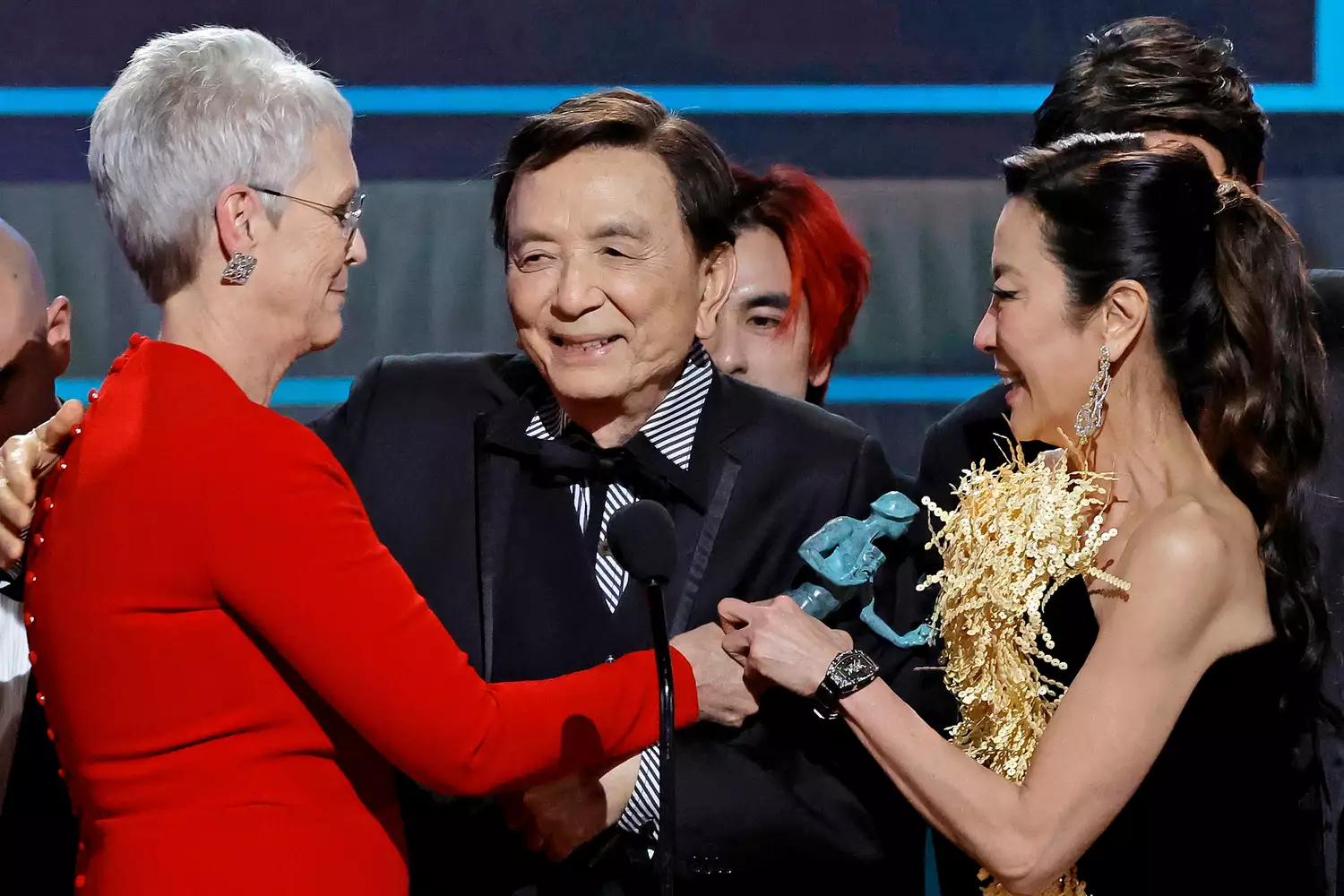 Jamie Lee Curtis, James Hong, Andy Le, and Michelle Yeoh accept the Outstanding Performance by a Cast in a Motion Picture award for "Everything Everywhere All at Once" onstage during the 29th Annual Screen Actors Guild Awards at Fairmont Century Plaza on February 26, 2023 in Los Angeles, California.