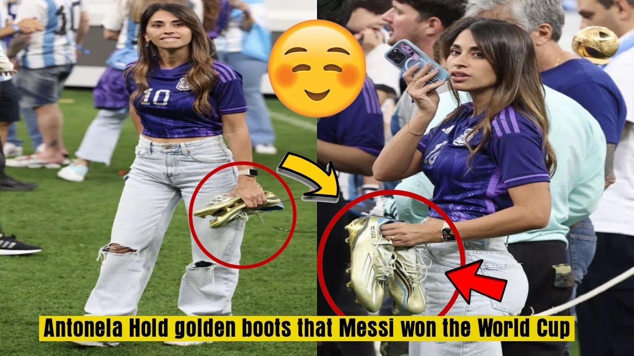 Lionel Messi's wife, Antonela Roccuzzo Hold Messi golden boots that Messi  won the World Cup with! - YouTube