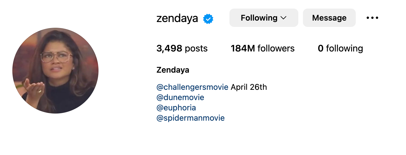 Zendaya's Instagram followers and following as of January 4 2024 showing 0 following and 184 million followers.