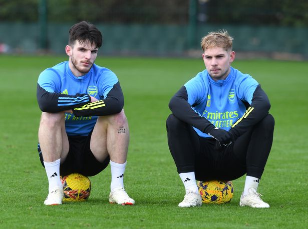 Declan Rice and Eile Smith Rowe of Arsenal during a training session at London Colney