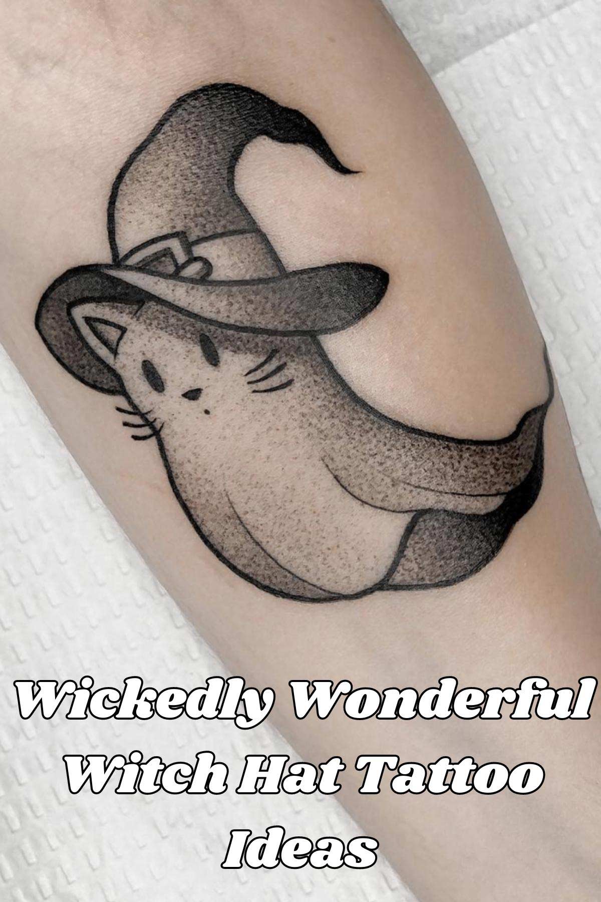 Tattoo of a cat ghost with witch hat