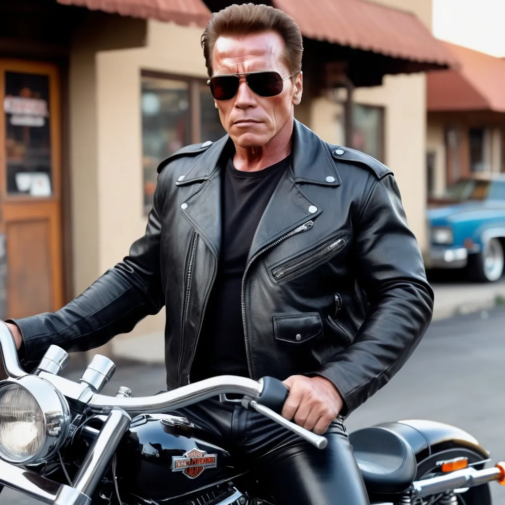 Prompt: arnold schwarzenegger terminator 2, leather jacket, angry face, real photography, 40 years, sunglass, 8k,harley davidson on motorcycle, in the background is a retro bar in America,black leather pants