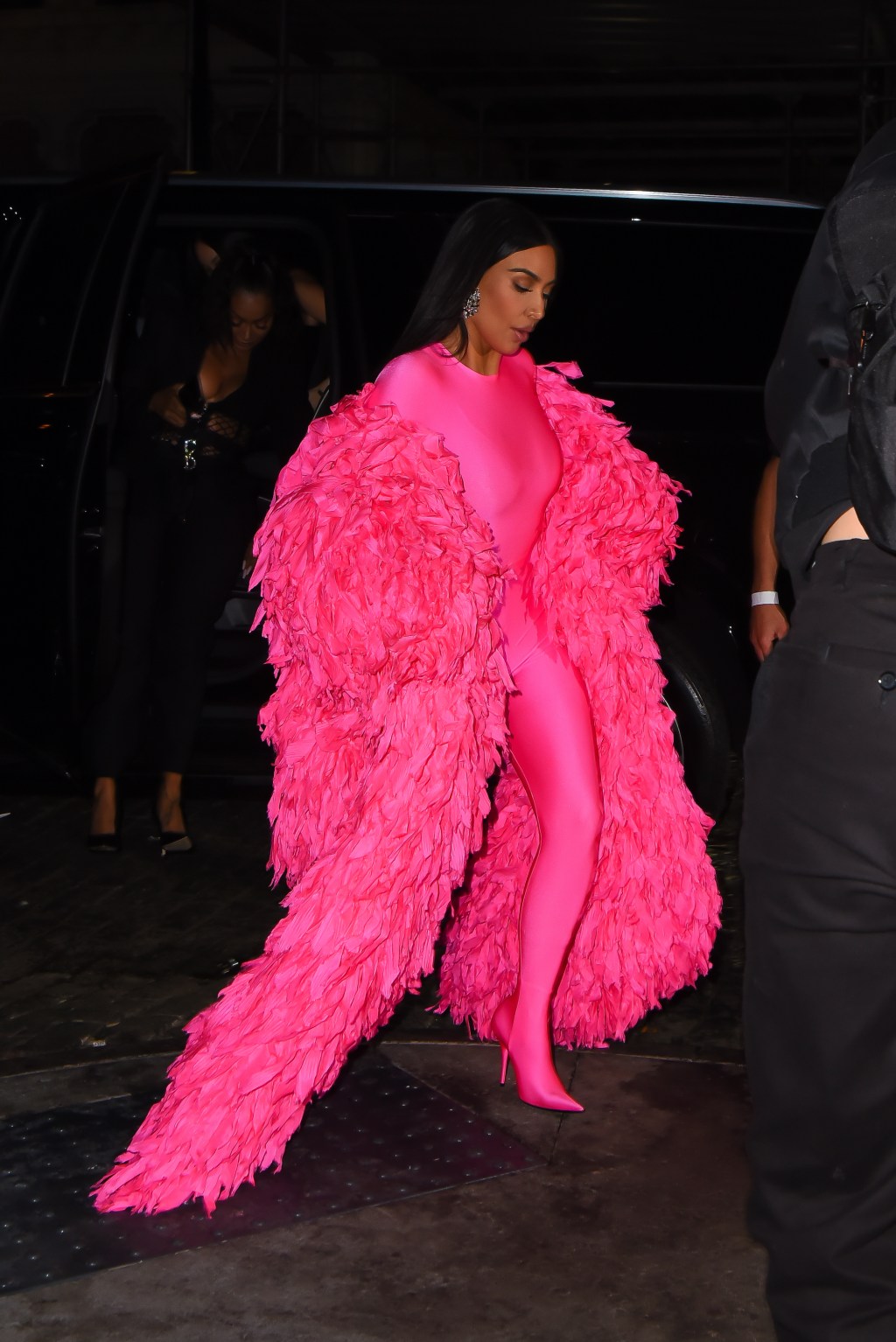 Kim Kardashian Wore Pink Catsuit And Feathers To The SNL Afterparty