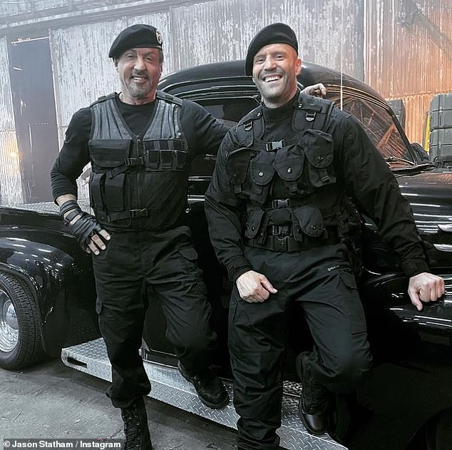 Suave: Stallone (left) and Jason Statham (right) looked ready-for-action as they posed alongside one another during the filming in a Instagram post