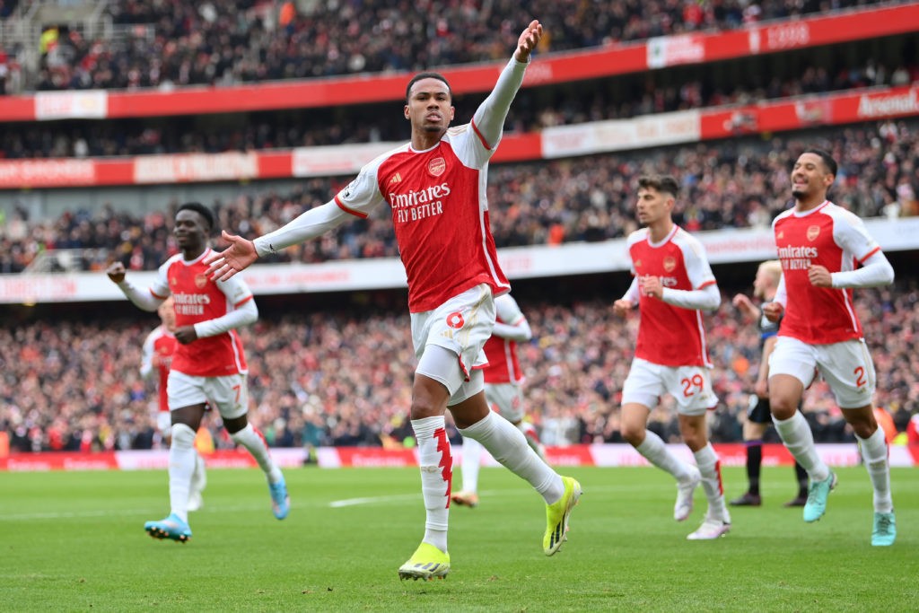 LONDON, ENGLAND - JANUARY 20: Gabriel of Arsenal celebrates scoring his team's first goal during the Premier League match between Arsenal FC and Crystal Palace at Emirates Stadium on January 20, 2024 in London, England. (Photo by Justin Setterfield/Getty Images)