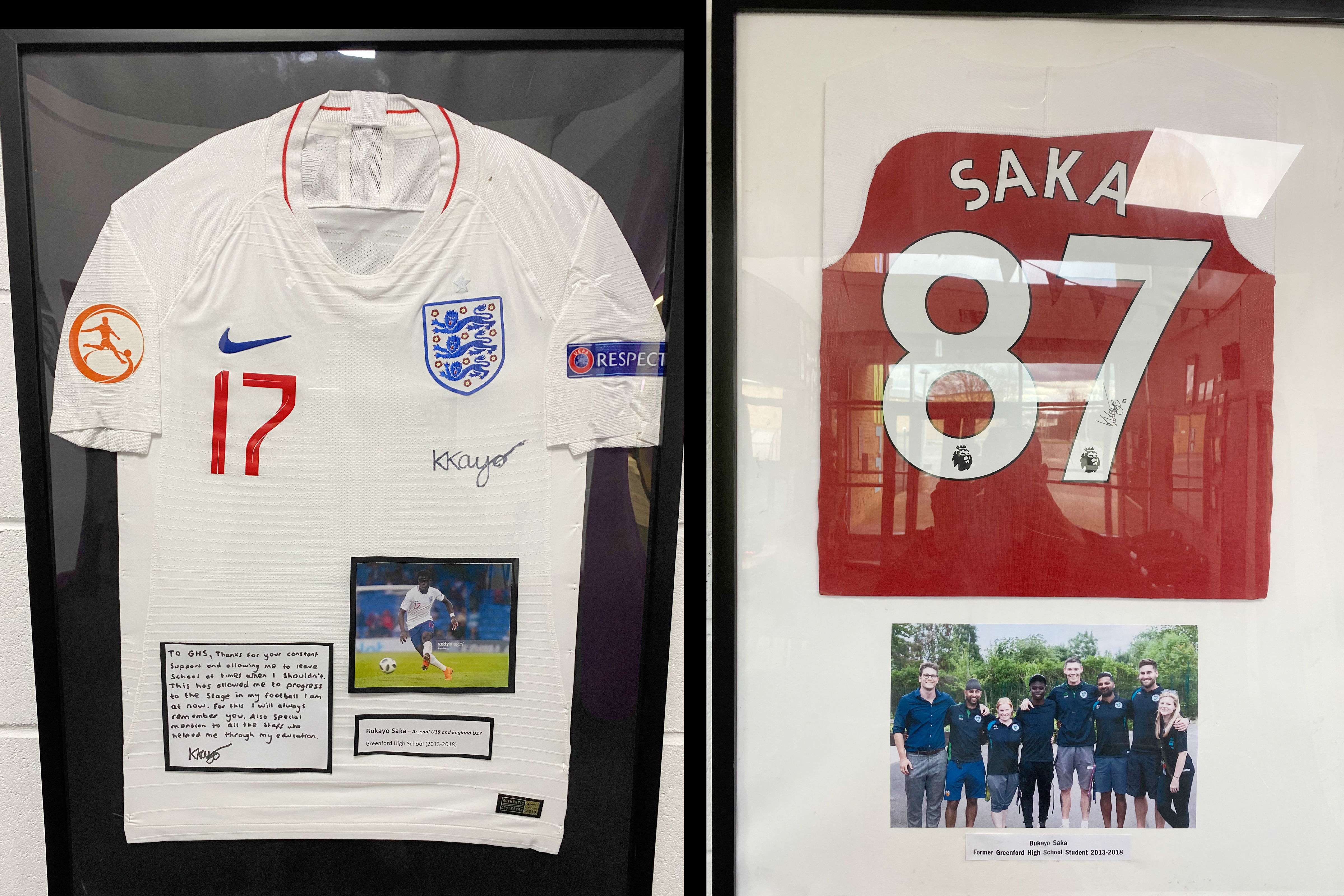 At Greenford High School Saka's signed England and Arsenal shirts hang on a hallway