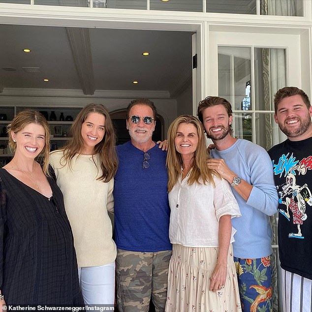 Sweet: He's a dad of five, and Arnold Schwarzenegger was showered with love for Father's Day on Sunday, posing for family snaps with four of his five kids and ex wife Maria Shriver