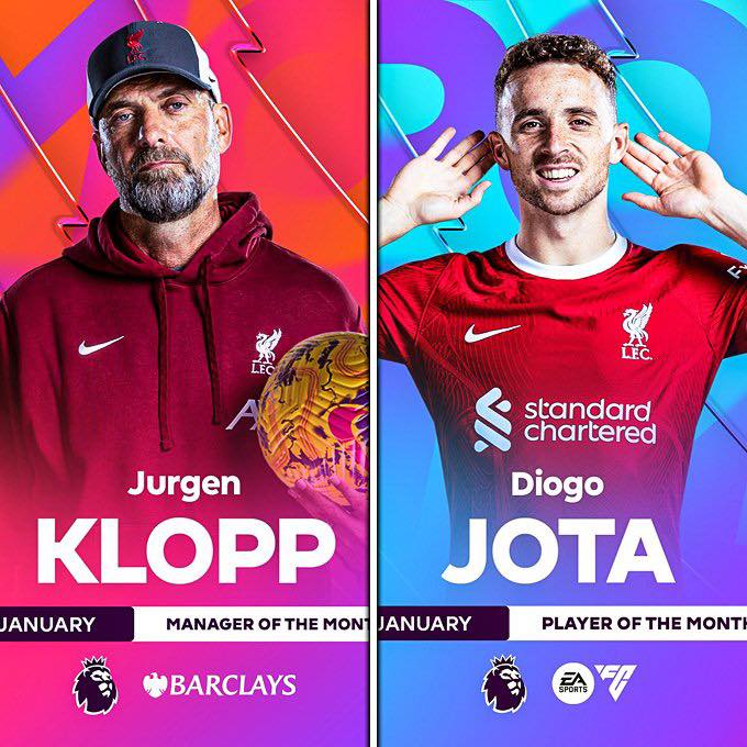 May be an image of 2 people, people playing American football, people playing football and text that says "LEC standard chartered M Jurgen Diogo KLOPP JOTA ANUARY MANAGEROF THE MON JANUARY PLAYER OF THE MONT BARCLAYS DA"