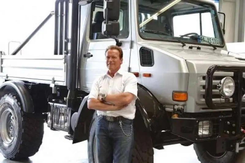 Welcome to Arnold's Mercedes-Benz Unimog. It gets 320 hp and an undefined amount of torque which is delivered to all four wheels. With Arnold standing next to it, the Unimog looks big, with one of us standard sized people, it'll be ginormous. He let go off it in 2016. (Photo: San Antonio Express News)