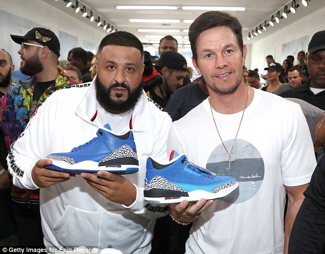 Sneakerheads unite: Mark Wahlberg shows up to support DJ Khaled's new Air Jordan 3 shoes, the 'Father of Asahd 3' and 'Another One 3' in Los Angeles on Monday