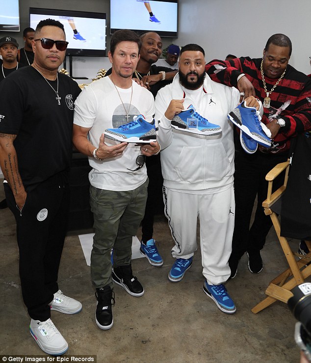 Shoes for days: The actor, 47, and noted sneakerhead, showed up to the DJ Khaled x Jordan Brand Unveiling of The Father of Asahd and Another One event in Los Angeles on Monday, along with Busta Rhymes (far right) and Flipp Dinero (far left)