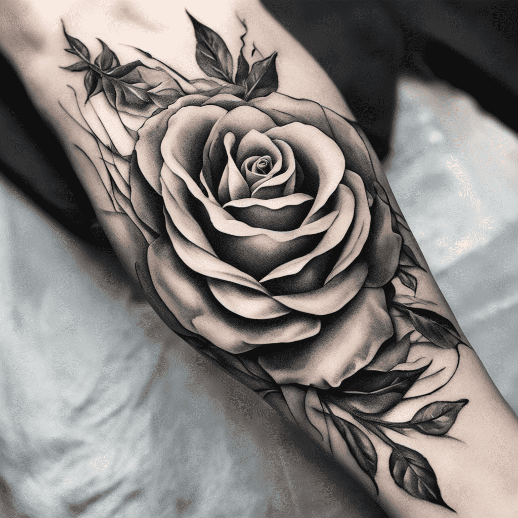 A detailed black and gray rose tattoo on someone's arm, featuring shading techniques that give depth to the rose petals and leaves.