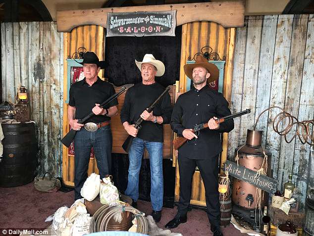 Howdy pardners: Arnold Schwarzenegger, Sylvester Stallone, 71, and Jason Statham, 50, turned up to support Arnold Schwarzenegger's fundraiser for his Inner-City Games charity on Saturday evening