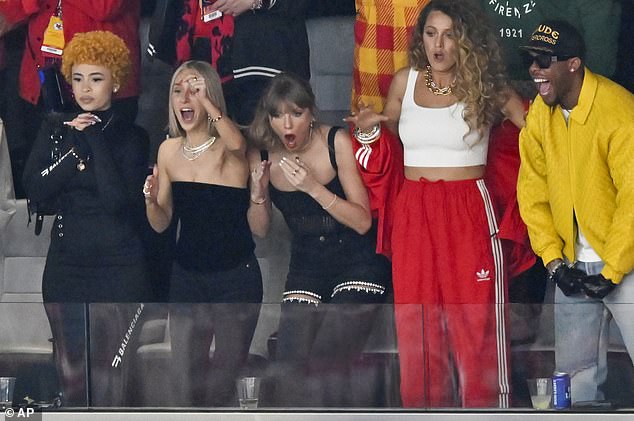 Taylor Swift has become famous for her sideline style - and she didn't disappoint at the Super Bowl on Sunday night in Vegas, which she attended alongside pals Blake Lively and Ice Spice