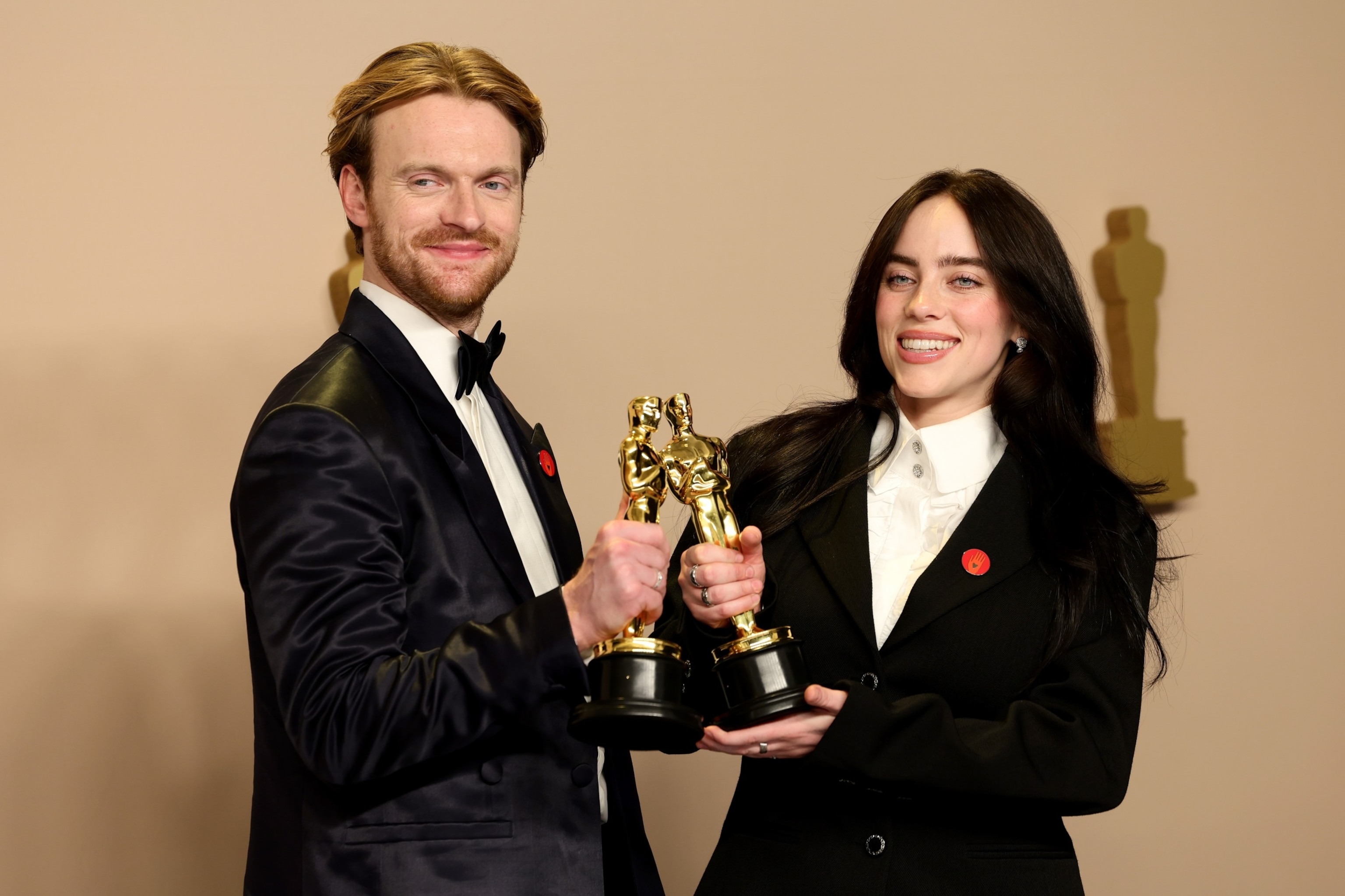 PHOTO: Finneas O'Connell and Billie Eilish, winners of the Best Original Song award for 'What Was I Made For?' from "Barbie", pose in the press room during the 96th Annual Academy Awards at Ovation Hollywood on March 10, 2024 in Hollywood, Calif.