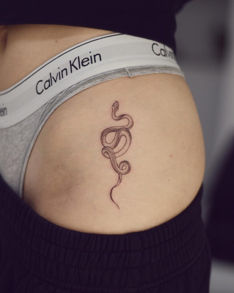 Hip Small Snake Tattoo, a Top-View Glimpse of the Enigmatic Reptile: Serpentine Charm 