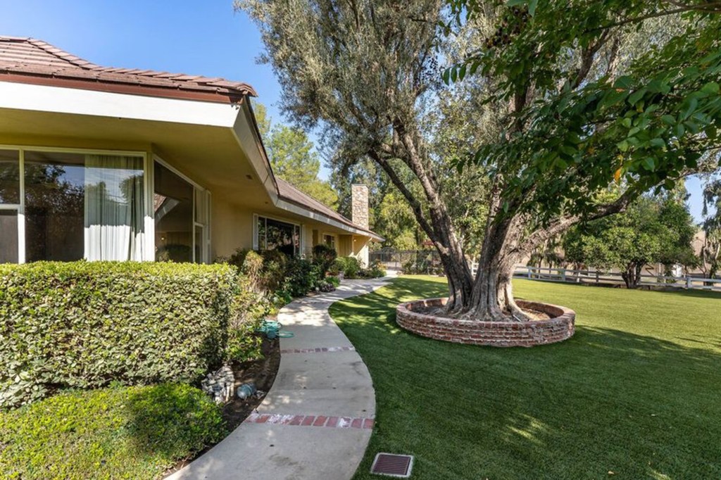 A large planted tree sits in front of the home.