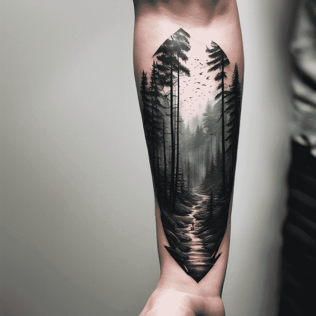 A detailed black and grey tattoo of a forest scene with trees, birds, and a path stretching into the distance, covering the entirety of a person's forearm.