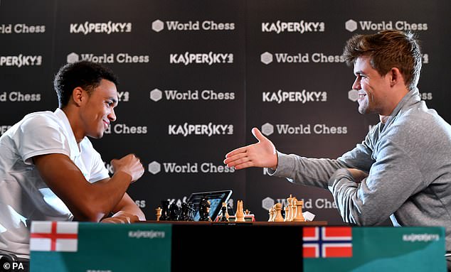 Trent Alexander-Arnold lasted five minutes and 17 moves against champion Magnus Carlsen