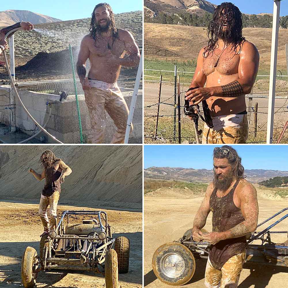 Shirtless Jason Momoa Gets Hosed Down After Muddy Dune Buggy Ride