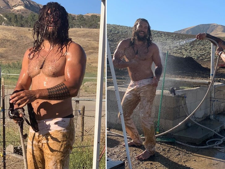 Muddy Jason Momoa Gets Hosed Down