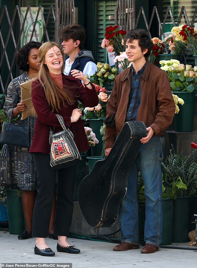 Elle Fanning celebrated her 26th birthday on Tuesday while hard at work on the New York City set of Searchlight Pictures' Bob Dylan biopic