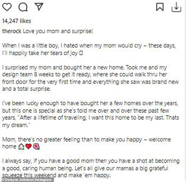 Thoughtful words: He wrote a heartfelt caption that started, 'Love you mom and surprise!'