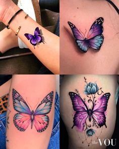 This may contain: four different pictures of tattoos with butterflies on them