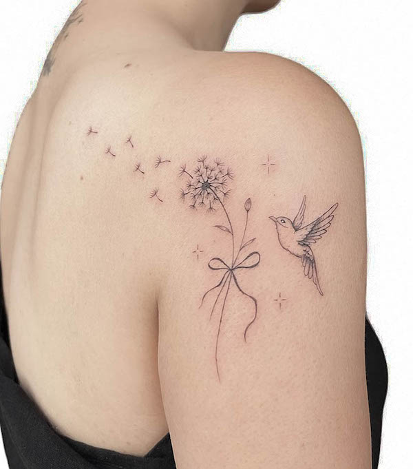 Dandelion and bird tattoo by @zienzz