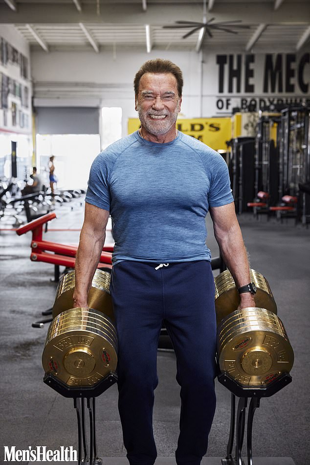 Hunk: The action icon, 75, who has continued to showcase a chiseled physique into his senior years, showed off his workout regime at the legendary Gold's Gym in Venice Beach and said he hits the weights to 'protect himself and stay alive' after several heart and knee surgeries