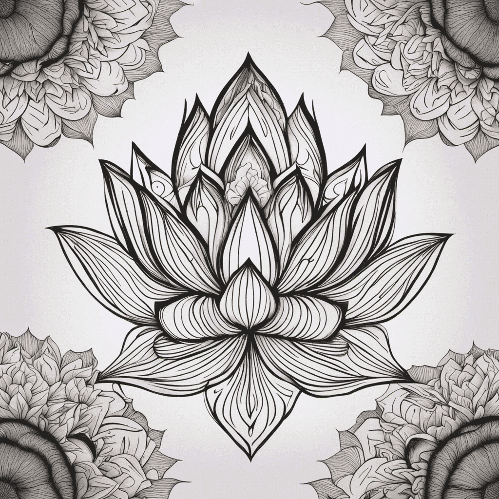 Alt text: A black and white symmetrical illustration of a stylized lotus flower surrounded by intricate floral patterns.