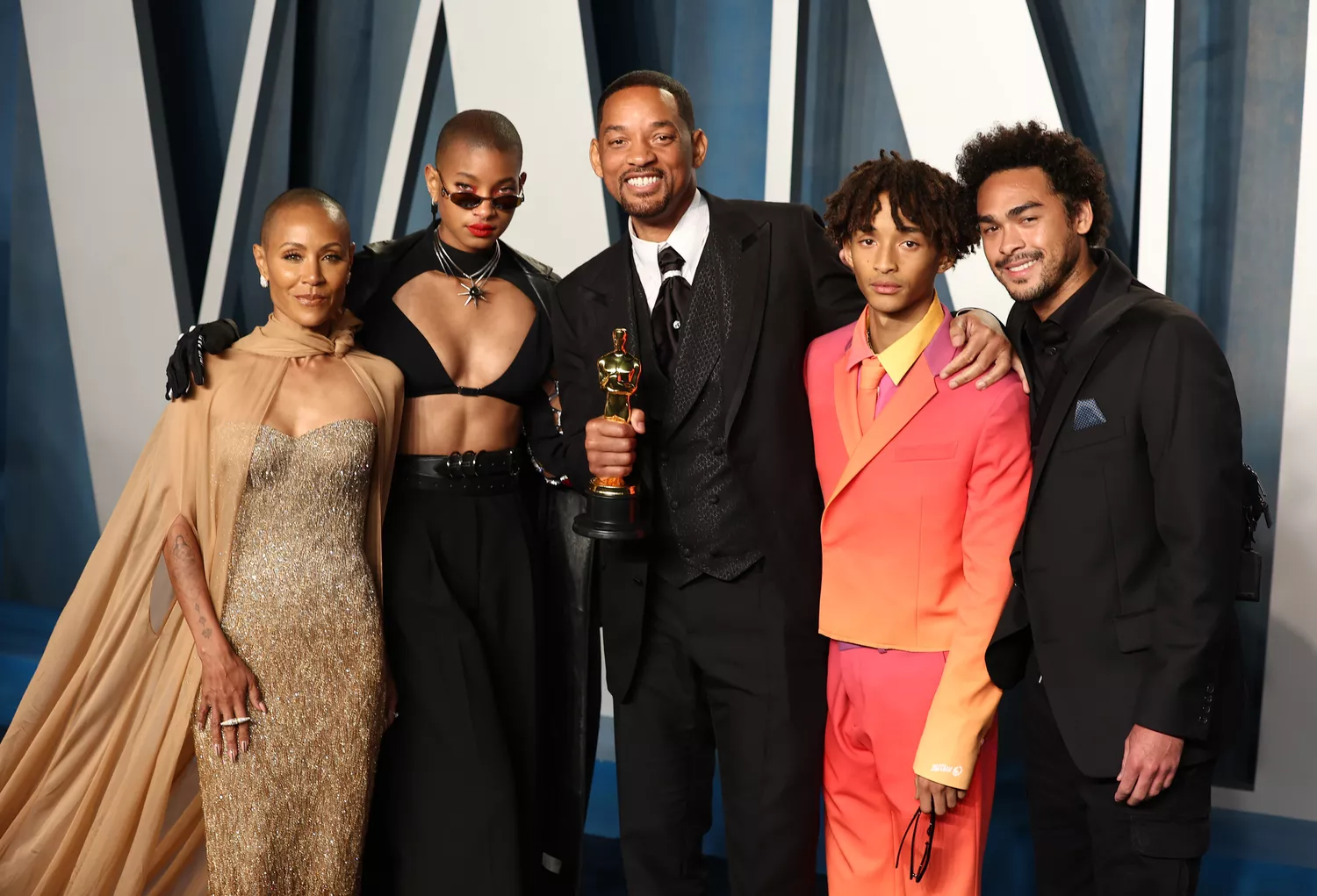 Jada Pinkett Smith, Willow, Will, Jaden Trey vanity fair oscar party 03 27 23