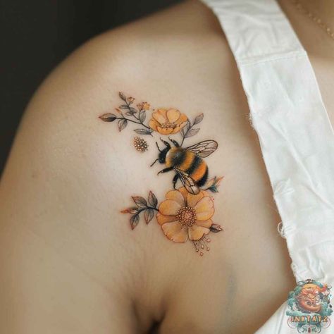 Add a touch of whimsy to your skin art with this beautifully rendered bee tattoo design, accompanied by soft-hued flowers. It's a stunning example of bee tattoos for women that evokes the beauty of a garden. Let your tattoo journey take flight at inktat2.com.