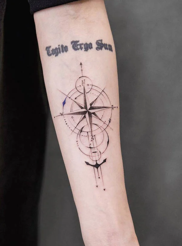 Geometric compass and anchor tattoo by @chenjie.newtattoo