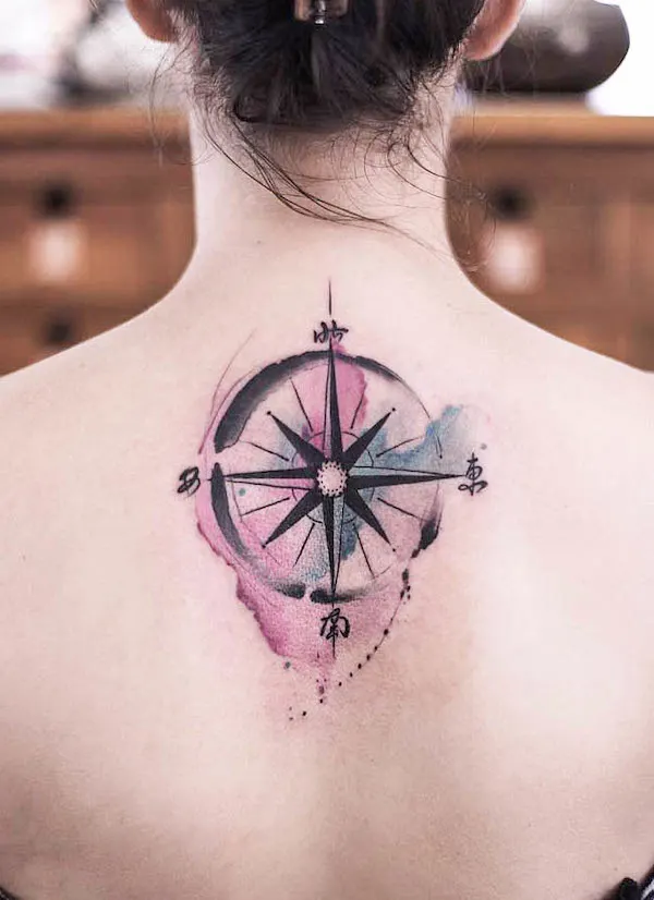 Watercolor compass tattoo by @chenjie.newtattoo