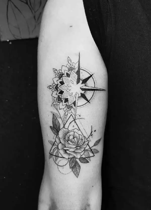 Mandala rose compass tattoo by @pimoosink