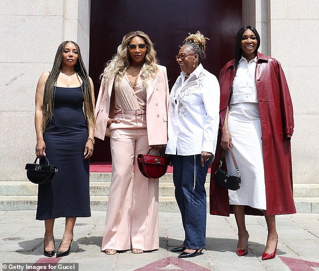 The sisters were joined by their 72-year old mother Oracene, who opted for an embellished white shirt and jeans, and rarely seen sister Lyndrea Price (pictured L-R Lyndrea, Serena, Oracene and Venus)