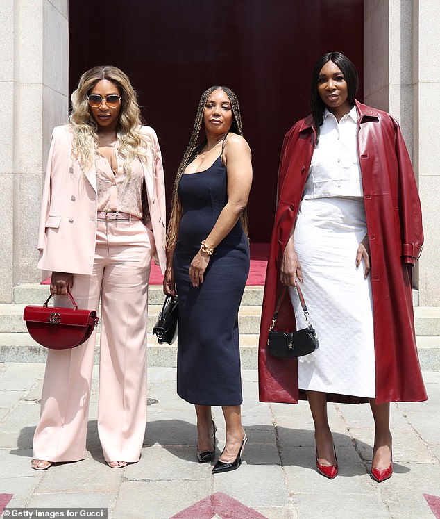 Lyndrea looked incredible in a figure hugging navy midi dress which she donned with a black handbag and heels (pictured L-R Serena, Lyndrea, Venus)