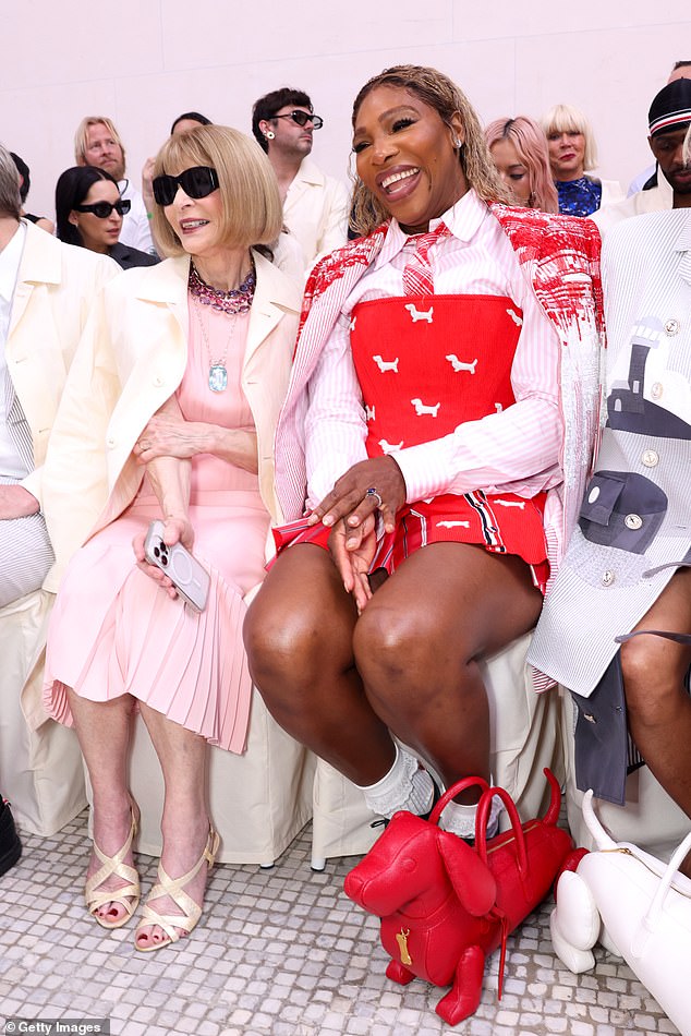 Serena Williams was in good spirits as she chatted to Anna Wintour while sat front row at the Thom Browne couture show during Paris Fashion week on Monday