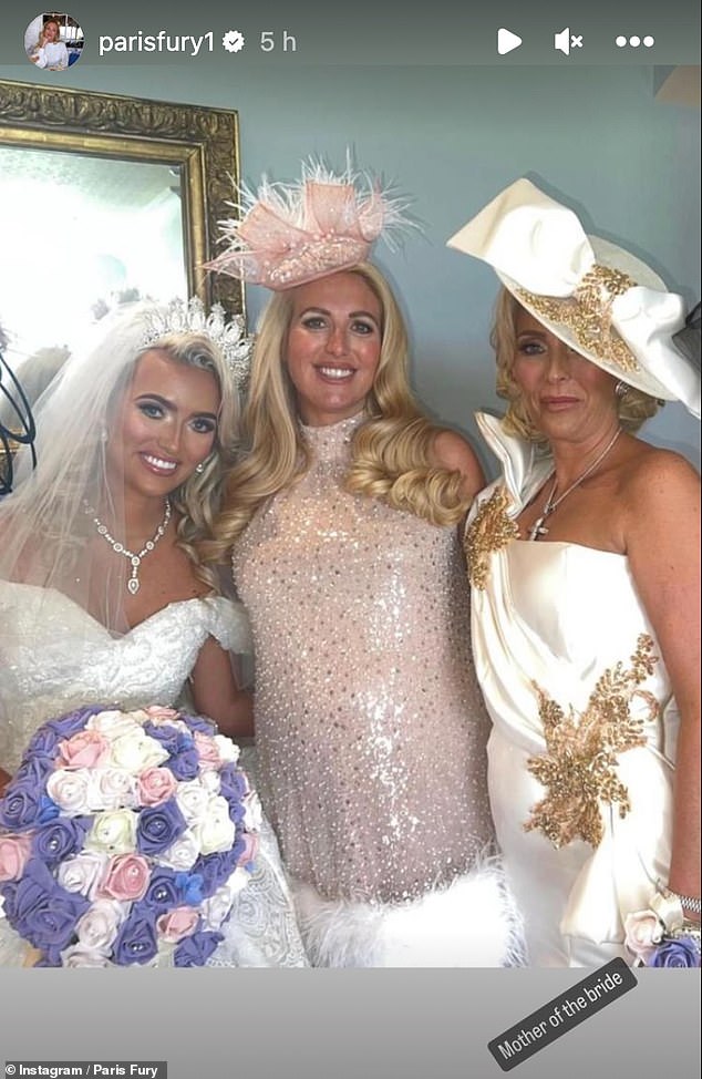 Glowing: Paris who announced her pregnancy in March was attending her cousins wedding and added a matching fascinator to her look to really ramp up the glam factor