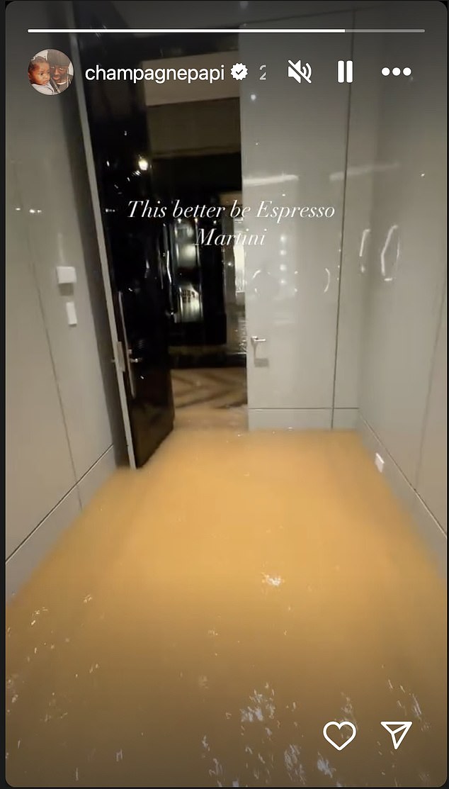 Showing off his trademark wit, Drake compared the brown water to a coffee-flavored cocktail, as he captioned the clip, 'This better be Espresso Martini'